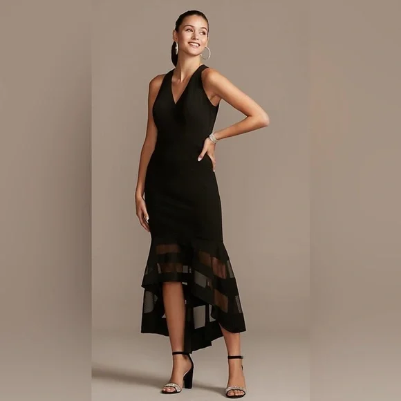 ❤️XSCAPE Womens Navy Zippered Sleeveless V Neck Midi Cocktail Mermaid Dress - Picture 1 of 9